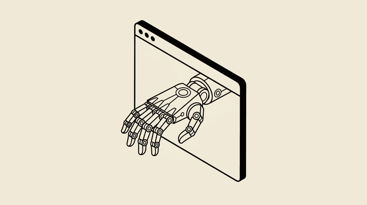 Robot hand reaching through a browser window — AI agent meets browser automation