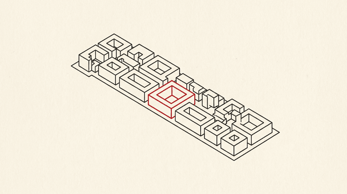 Chain of city blocks with one IP marked red — data center IPs flagged