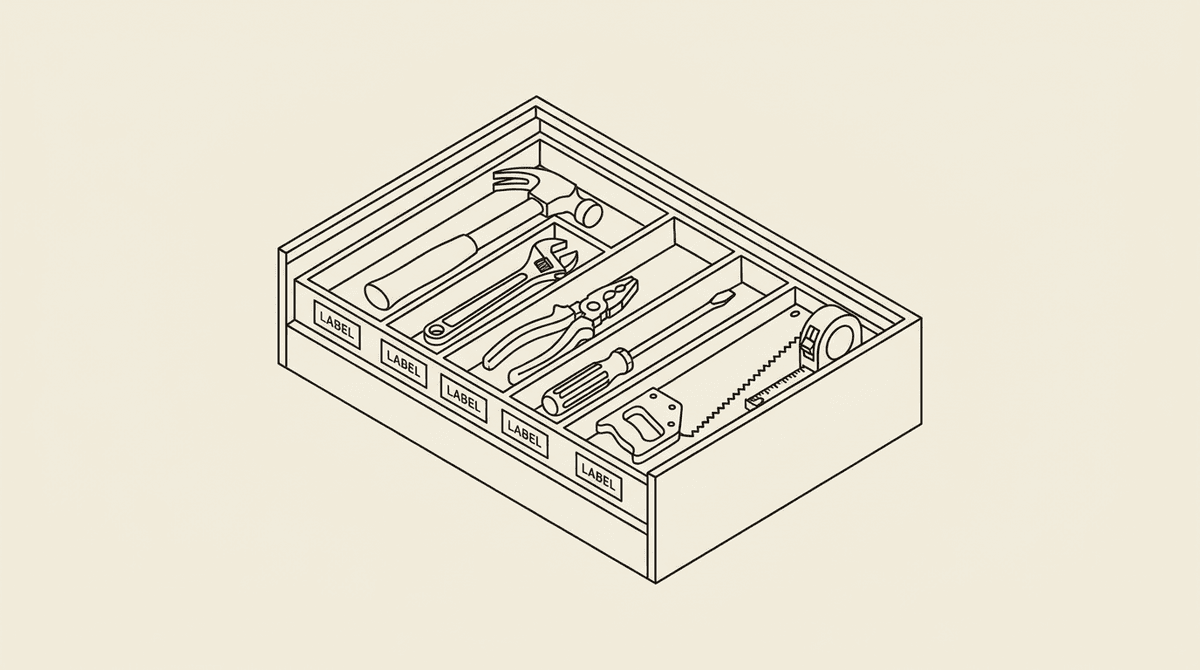 Toolbox cross-section with six labeled tools — AI agent web scraping stack