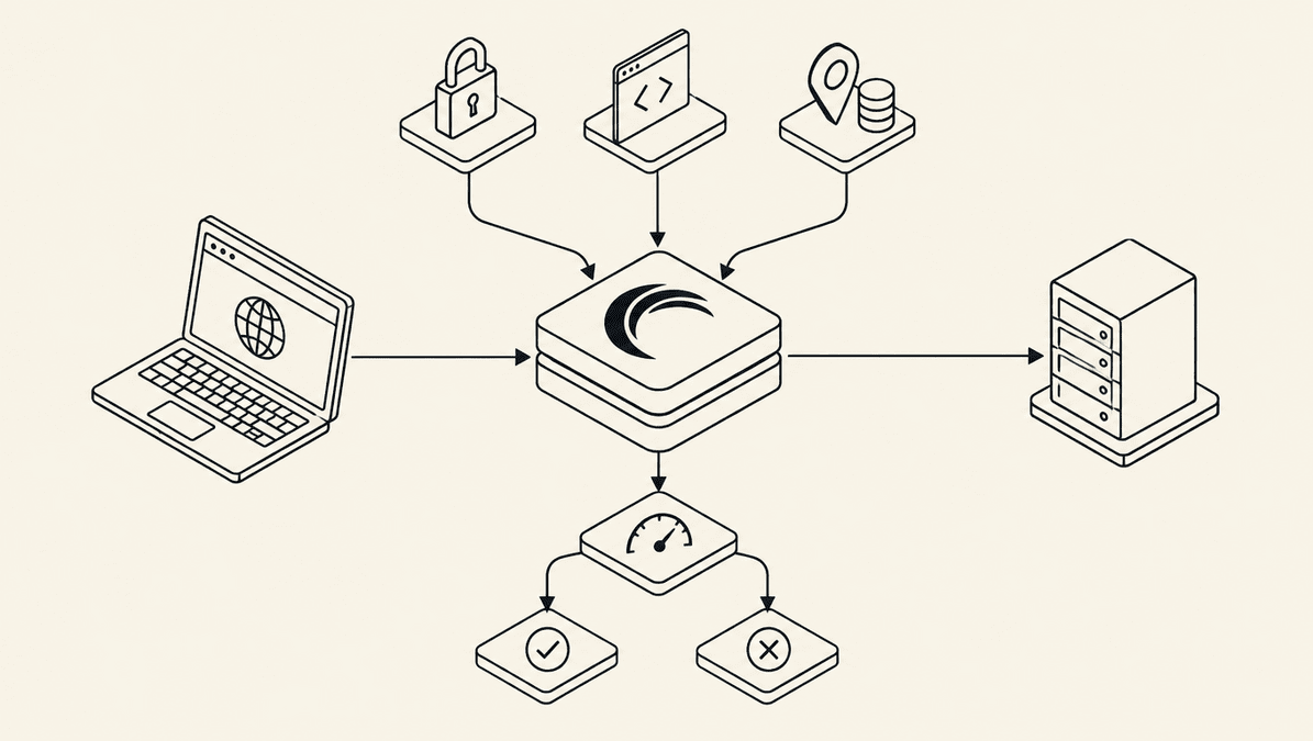 Flow chart of a browser request passing through Akamai Bot Manager with multiple scoring inputs before origin