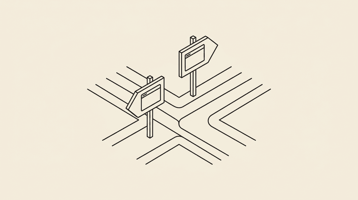 Fork in the road with two browser signposts — Apify alternative illustration