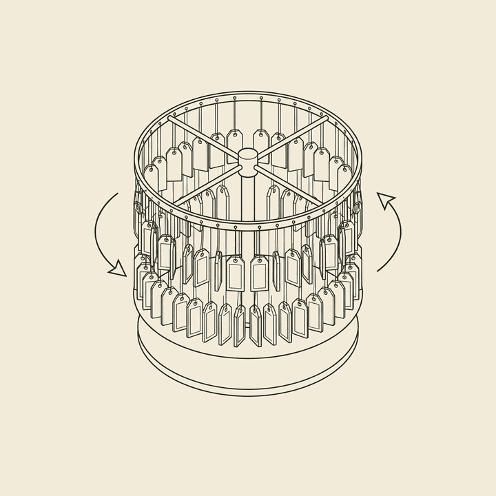 Line-art rotating carousel of address tags — a rotating residential IP pool
