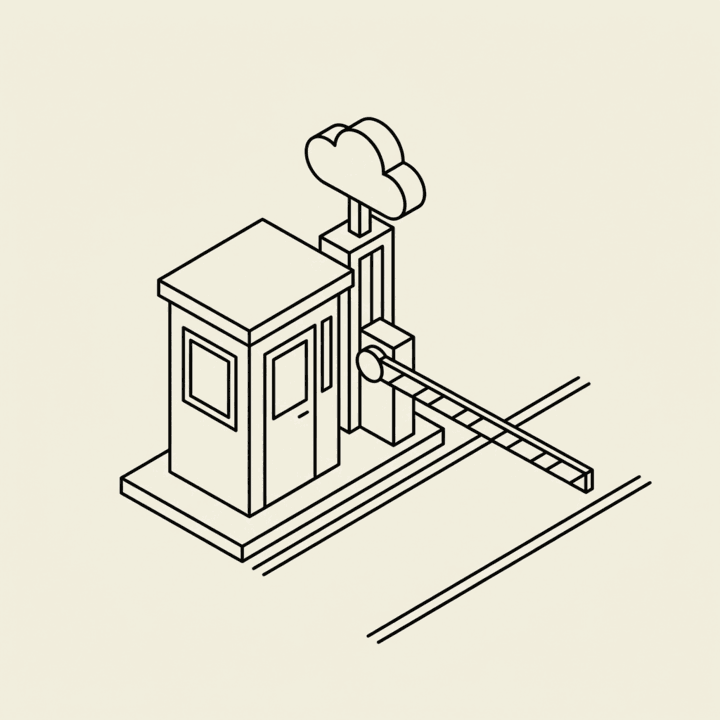 Line-art tollbooth gate barrier with a cloud symbol on top — the Cloudflare checkpoint