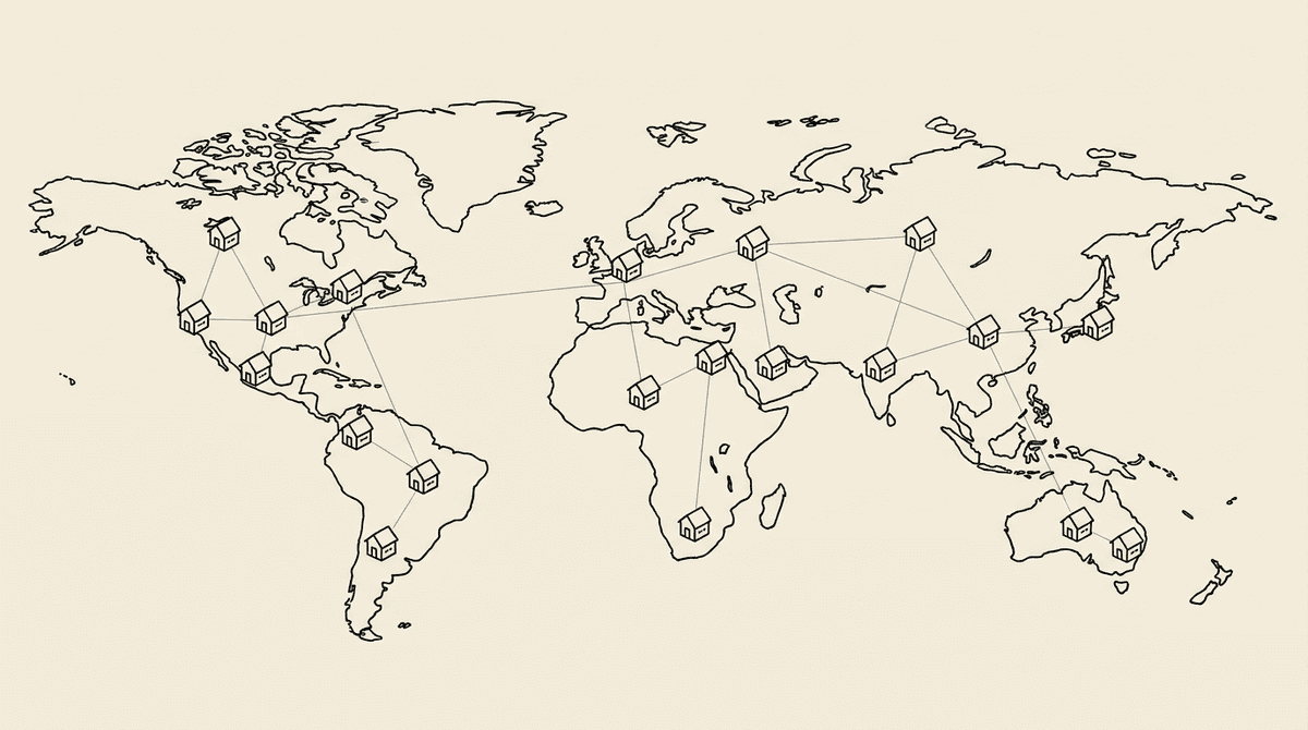 World map dotted with house icons — residential proxy geography