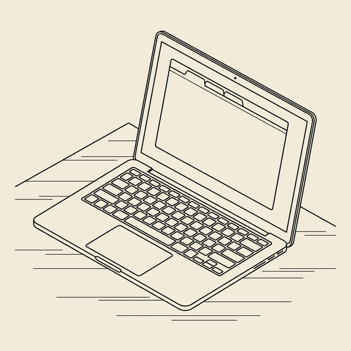 Line-art laptop displaying a browser window — local Chrome on your own machine