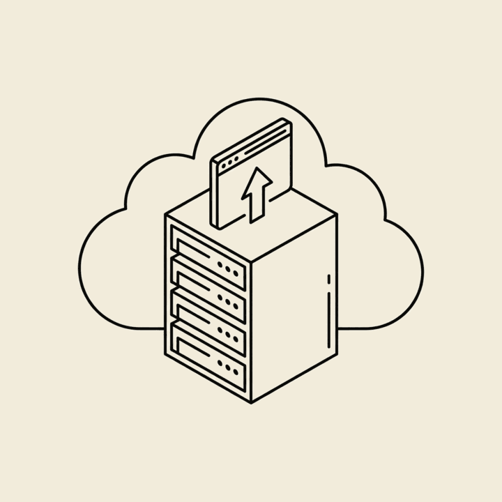 Line-art server rack inside a cloud with a browser window emerging — cloud Chromium