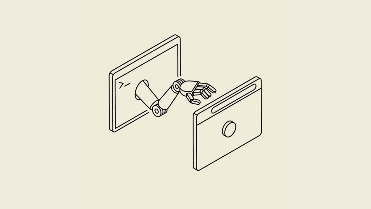 A robot arm reaching out of a terminal window to click a button on a floating browser page — agent-native CLI browser