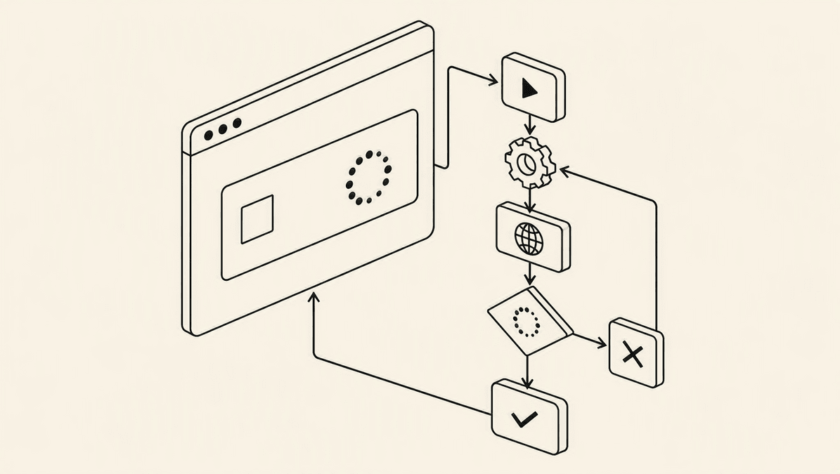 Illustration of a browser page with a Turnstile challenge and an automation workflow solving it