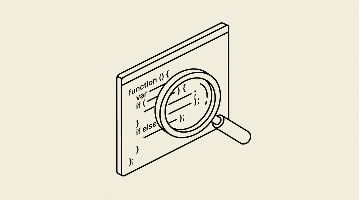 Magnifying glass over JavaScript source — what Turnstile actually checks