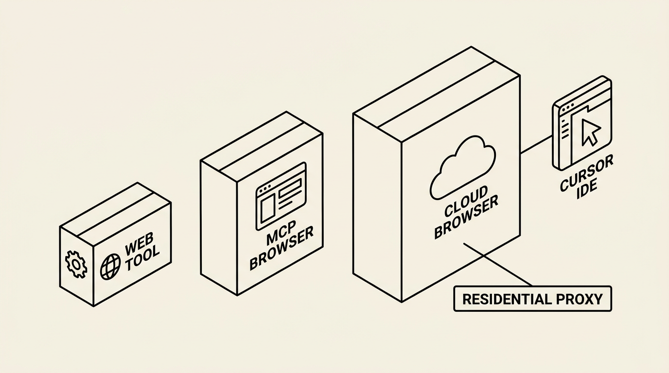 Three boxes from small to large representing built-in web tools, MCP browser server, and cloud stealth browser with residential proxy, with a Cursor IDE on the side connecting to all three