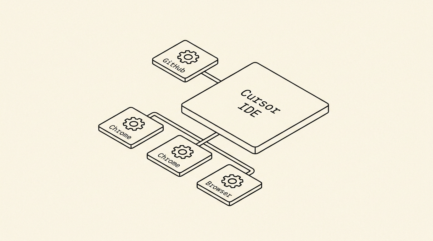 Three MCP server tiles plugged into a central Cursor IDE icon — GitHub, Chrome, and Browser servers each with a gear