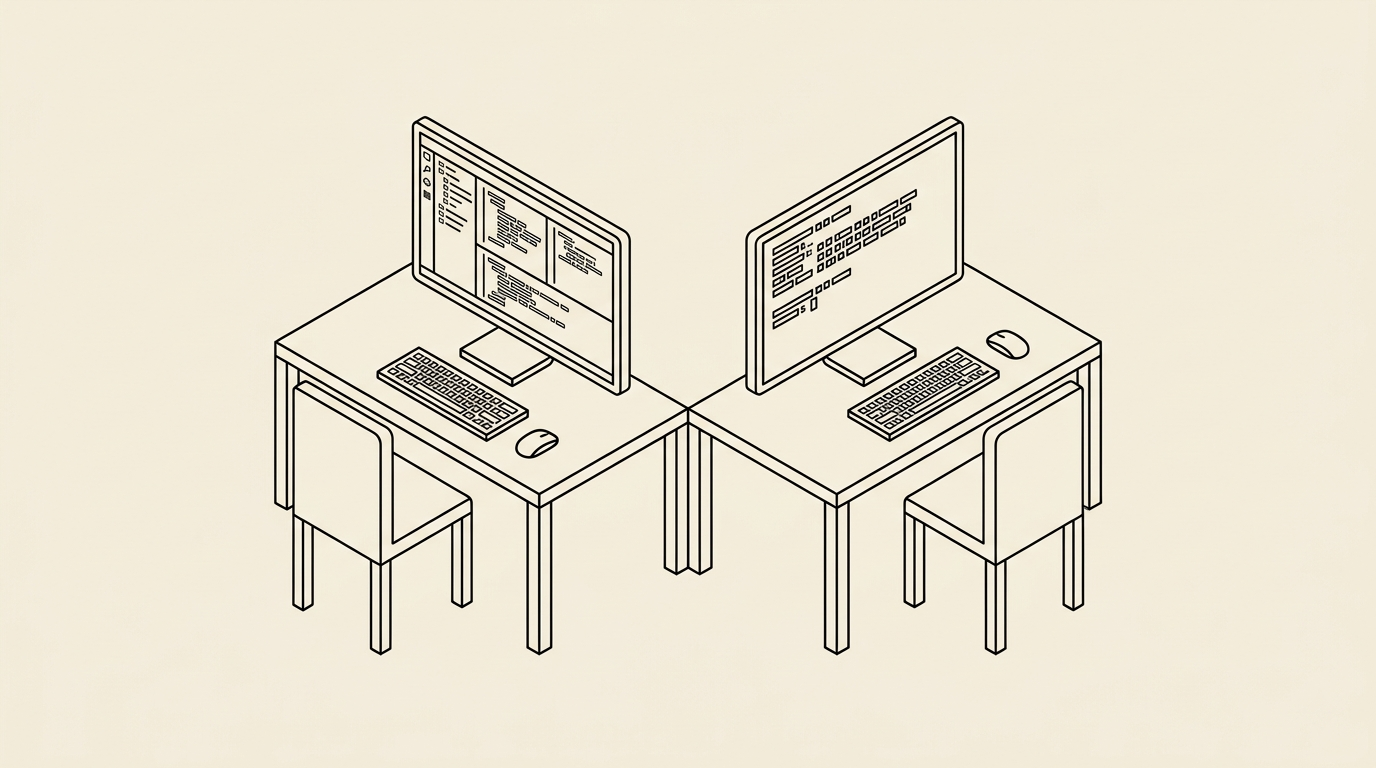 Two desks side by side — left desk shows an IDE with code panels and a chat sidebar, right desk shows a focused terminal with command-line prompts