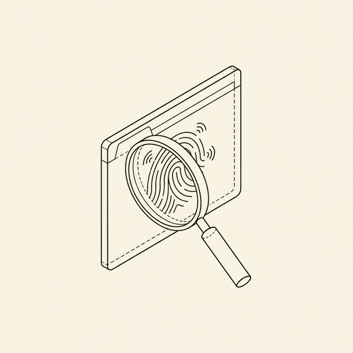 A magnifying glass inspecting a browser window that reveals a hidden fingerprint pattern