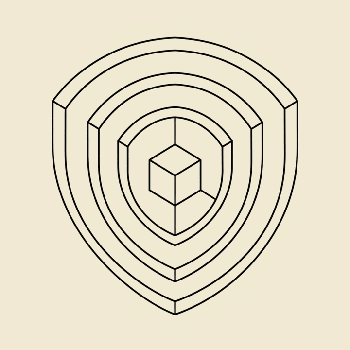 Three stacked defensive layers like nested shields protecting a small cube — a coherent multi-layer stack