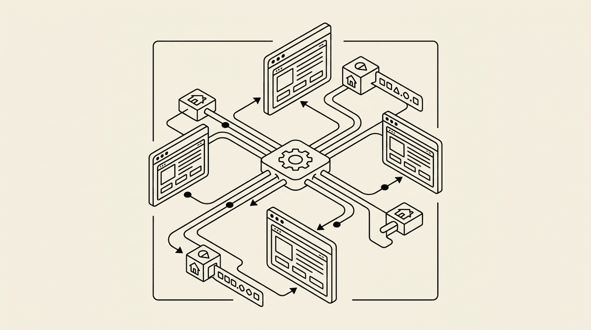 Diagram of several browser sessions each routed through a separate residential IP with low concurrency limits.