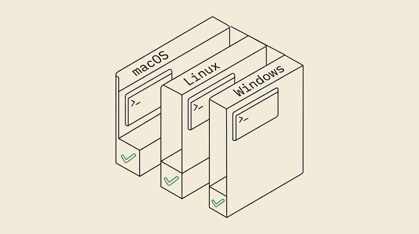 Three vertical lanes labelled macOS, Linux, and Windows with a terminal opening at the top of each and a green check mark at the bottom — cross-platform install paths