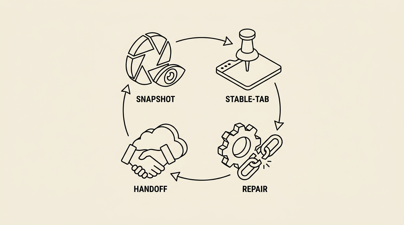 Diagram of the bundled browser-automation skill: snapshot, stable-tab, stale-reference repair, manual-blocker handoff steps in a circular loop