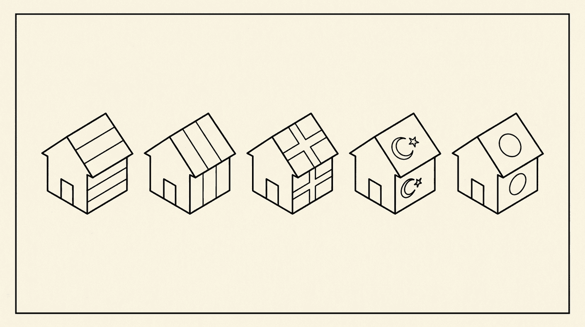 Five country flags as house icons in a row — multi-country residential setup