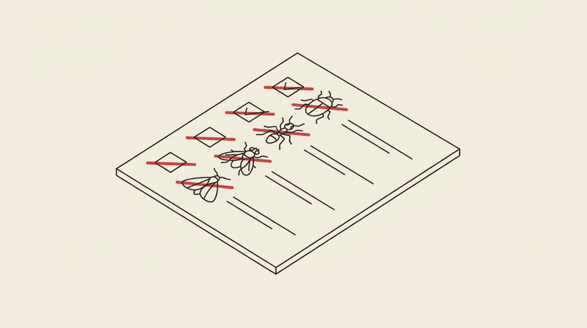 Bug-list checklist with red strike-throughs — common proxy errors and fixes