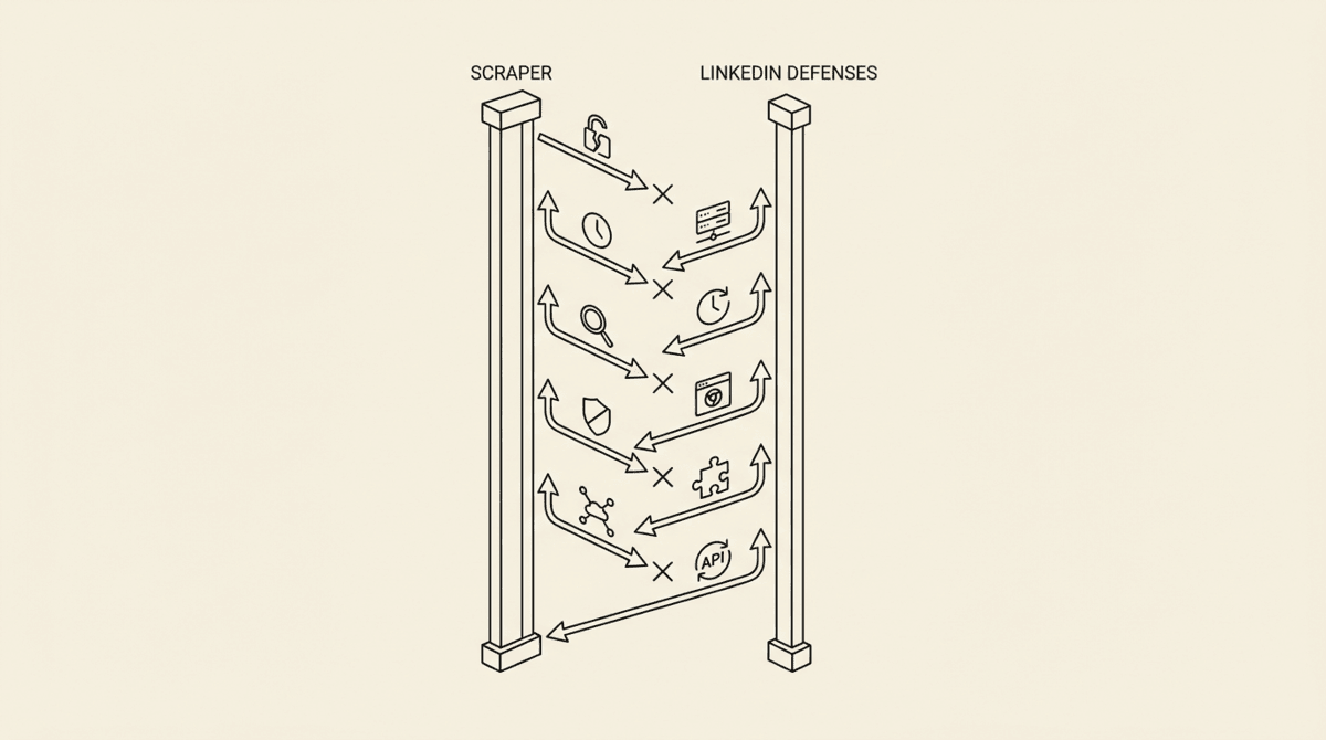 Diagram showing five LinkedIn scraping failure modes with arrows to fixes like browser use and rate limits