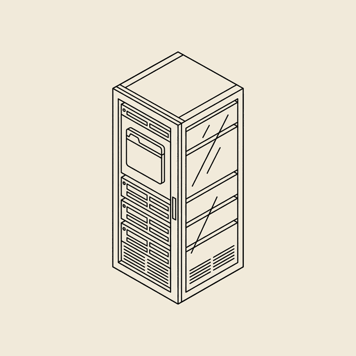 An isometric server rack with a browser tab on its front panel — cloud Chromium running in a datacenter