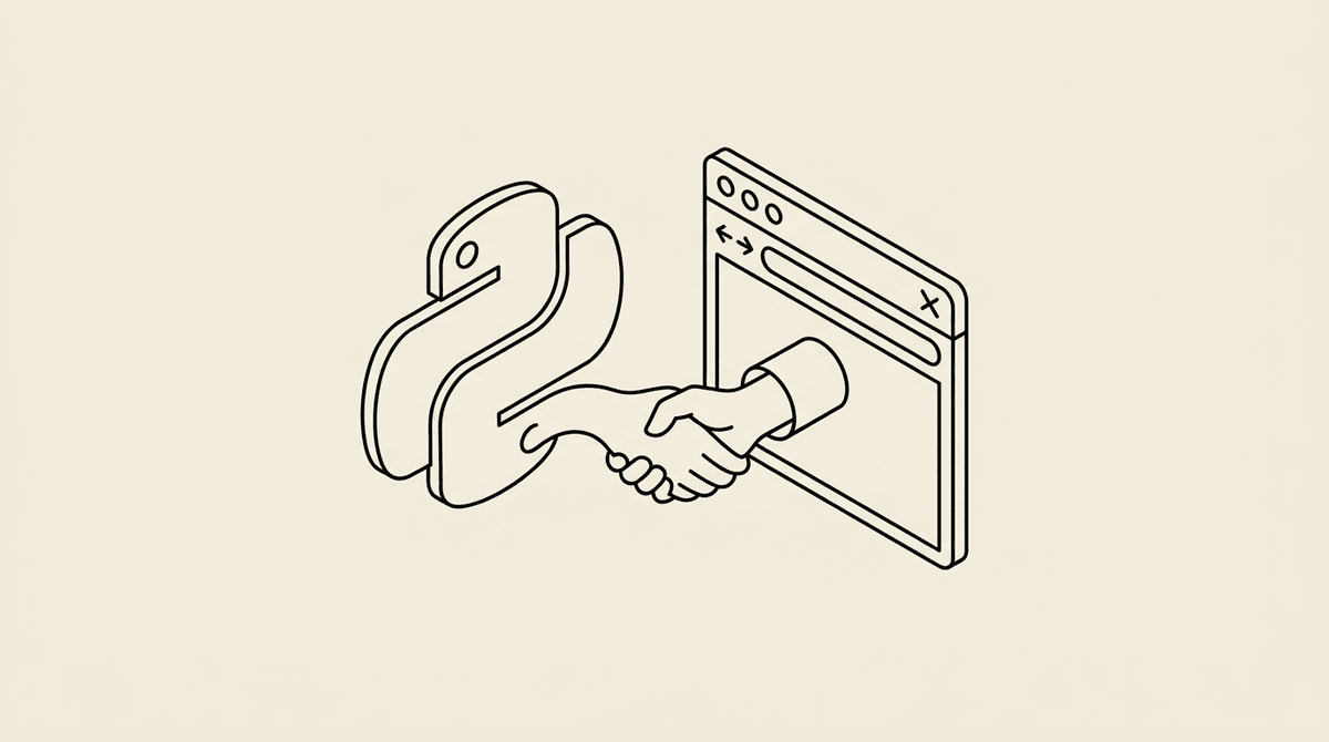 Python snake reaching toward a browser window in a handshake — Python + browser