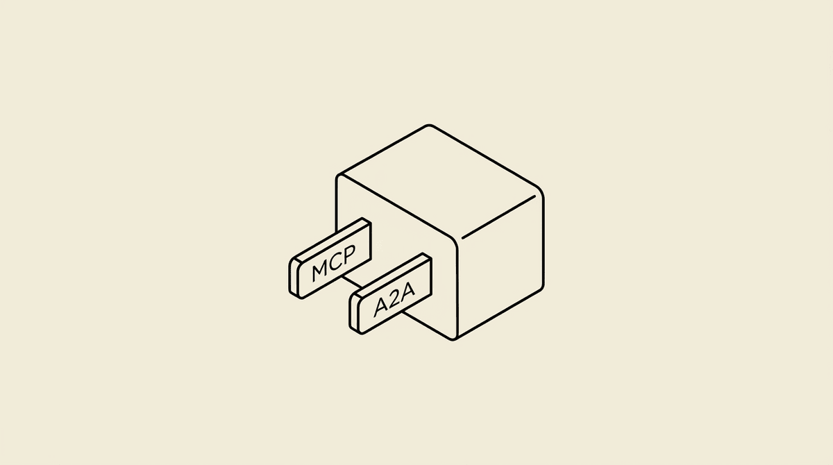 Two-prong electrical plug labeled MCP and A2A — how browser agents connect