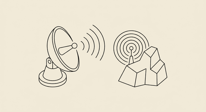 Line-art illustration of a radar dish detecting a hidden beacon emitting a signal — the CDP runtime leak probed from inside the page
