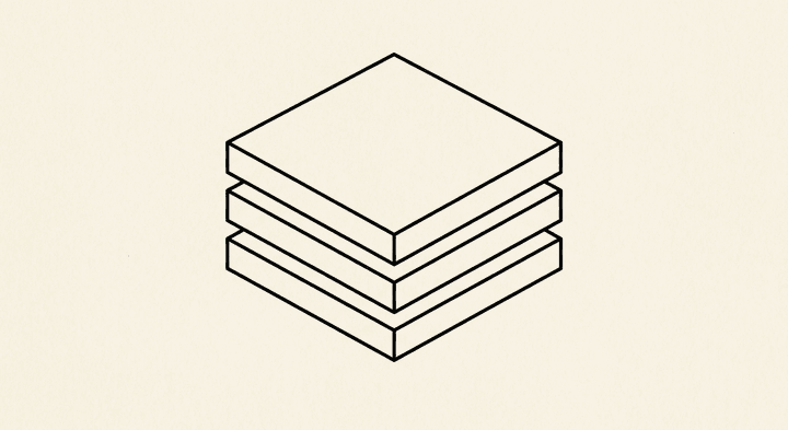 Line-art cross-section of three stacked layers — IP reputation, browser fingerprint, and behavior