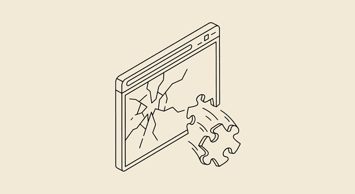 Line-art illustration of a cracked browser window with a stealth plugin puzzle piece falling out